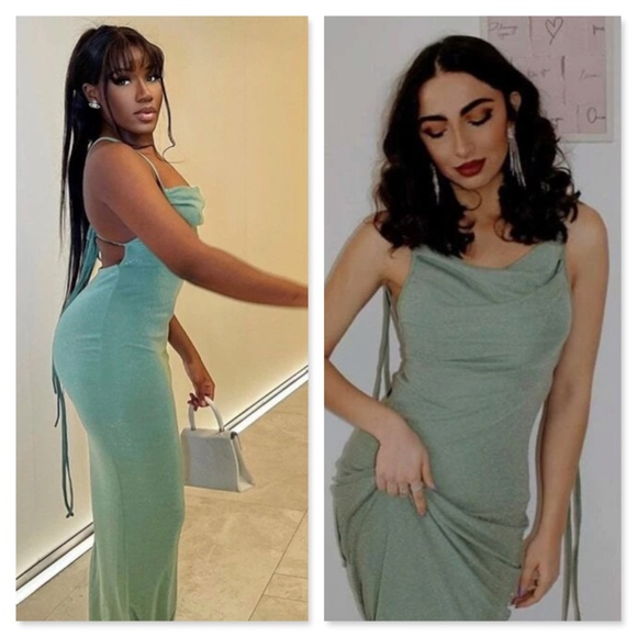 Glitter Lurex Mint Green Cowl Neck Backless Tie Straps Maxi Long Dress - Picture 11 of 14